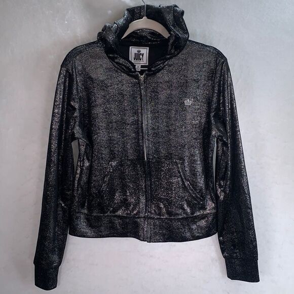 JUICY By Juicy Couture Black Metallic Silver Hooded Full Zip Sweatshirt Small - Picture 1 of 7